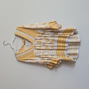 Rachel Zoe Yellow Cream Beige Floral Boho Asymmetrical Ruffle Top Blouse